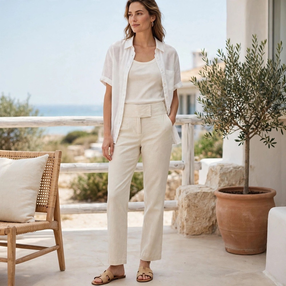Dazz Cream Linen Blend Straight Leg Trousers Pants D34615 Mens M
